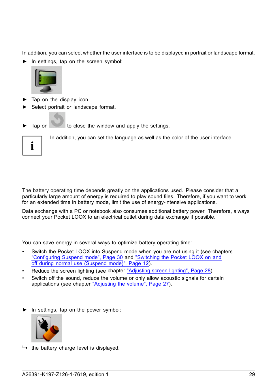 Set the display to portrait or landscape format, Energy management, General information on energy management | Using energy saving functions, Displaying battery charge level | Navigon POCKET LOOX N100 User Manual | Page 37 / 48