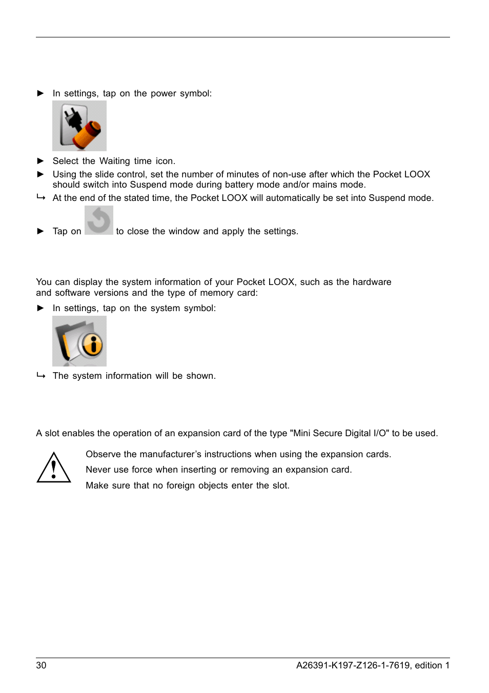 Configuring suspend mode, Displaying system information, Inserting and removing an sd card | Navigon POCKET LOOX N100 User Manual | Page 38 / 48