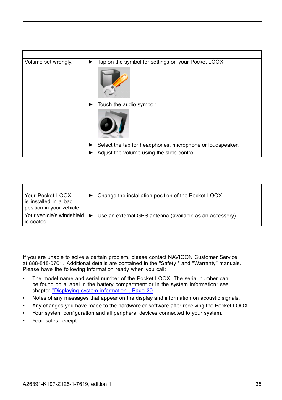 No sound or minimal volume, Poor reception via gps, Customer service | Navigon POCKET LOOX N100 User Manual | Page 43 / 48