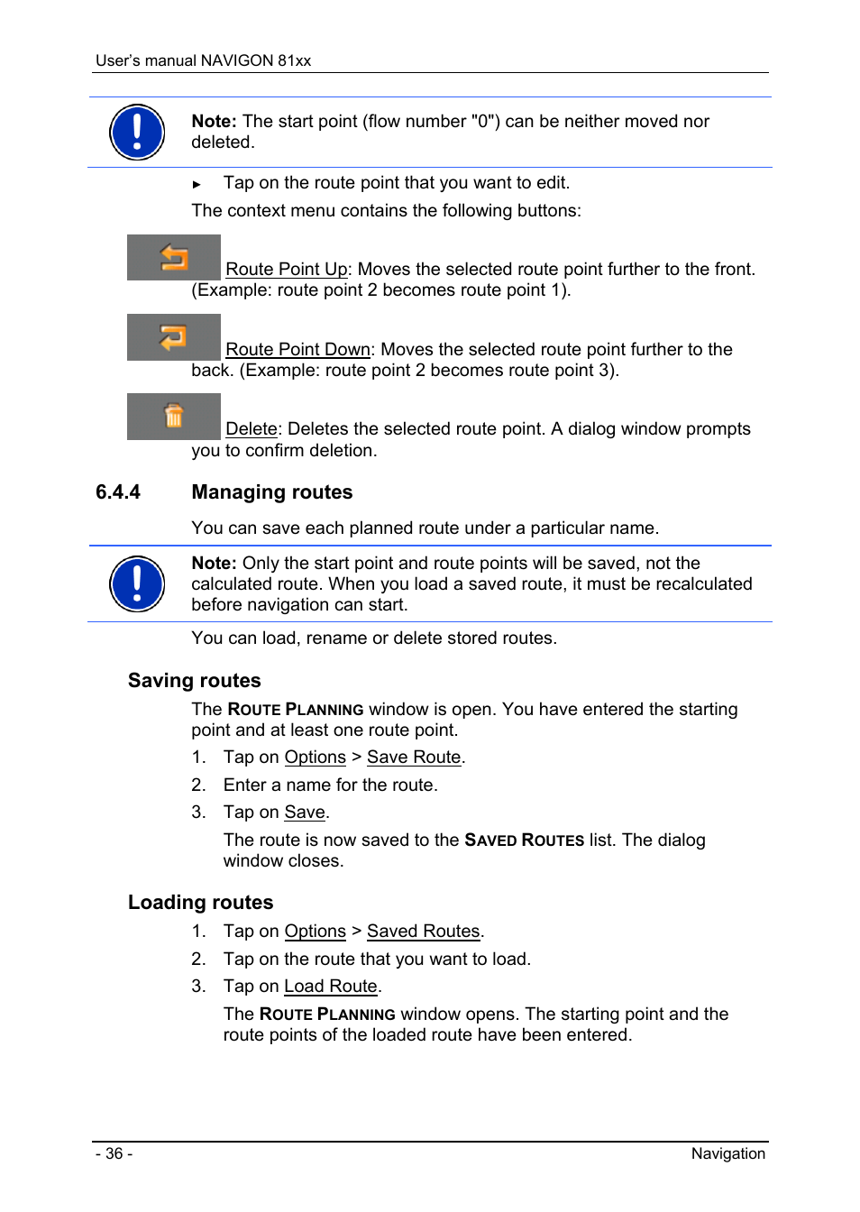 4 managing routes, Managing routes, Saving routes | Loading routes | Navigon 81XX User Manual | Page 36 / 72