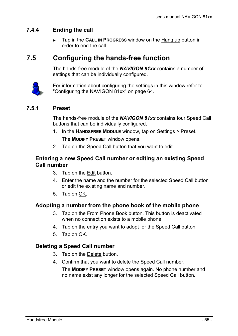 4 ending the call, 5 configuring the hands-free function, 1 preset | Ending the call, Configuring the hands-free function, Preset | Navigon 81XX User Manual | Page 55 / 72