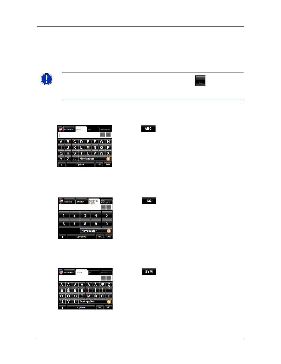 Using keyboards, Alphabetic keyboard, Numeric keyboard | Special character/symbol keyboard | Navigon 2090S User Manual | Page 43 / 126