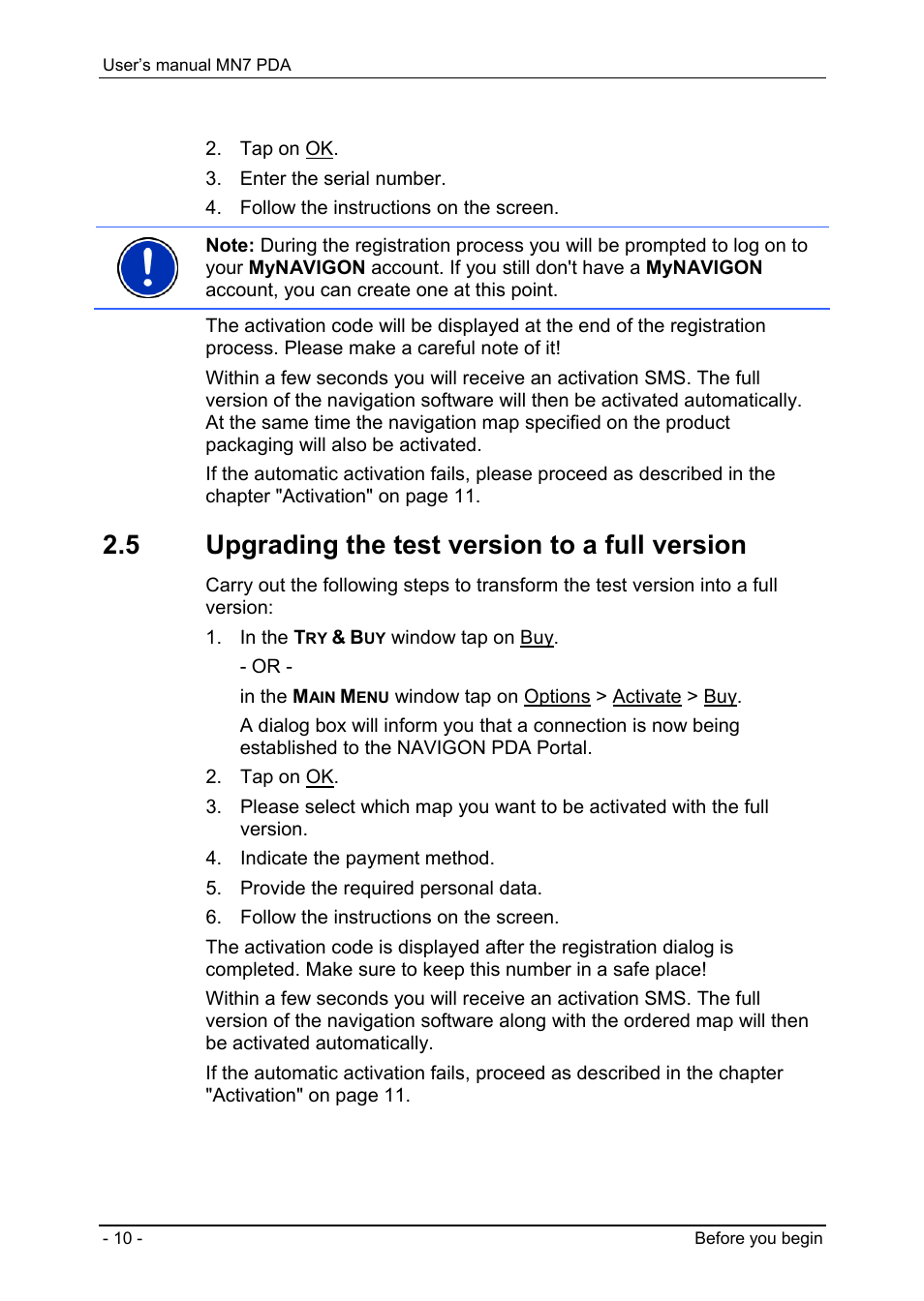 5 upgrading the test version to a full version, Upgrading the test version to a full version | Navigon MN7 User Manual | Page 10 / 54