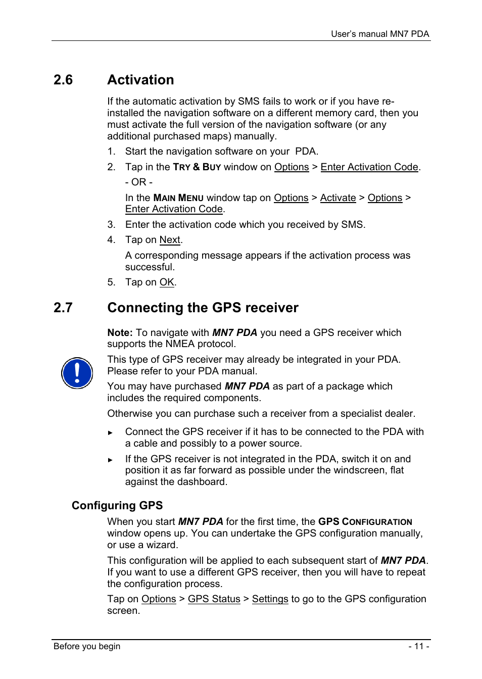 6 activation, 7 connecting the gps receiver, Activation | Connecting the gps receiver, Configuring gps | Navigon MN7 User Manual | Page 11 / 54