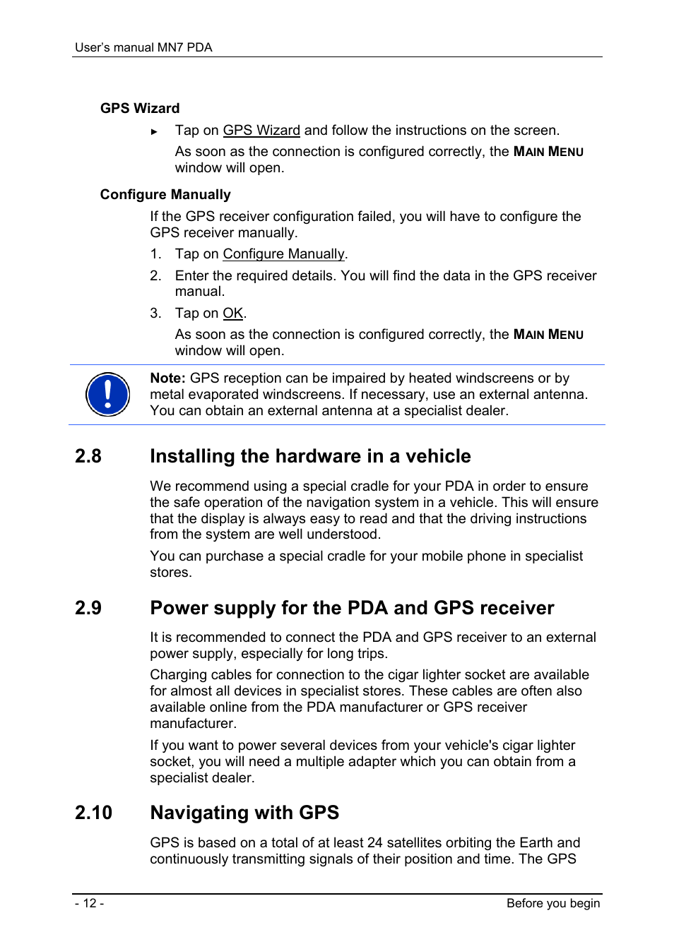 8 installing the hardware in a vehicle, 9 power supply for the pda and gps receiver, 10 navigating with gps | Installing the hardware in a vehicle, Power supply for the pda and gps receiver | Navigon MN7 User Manual | Page 12 / 54