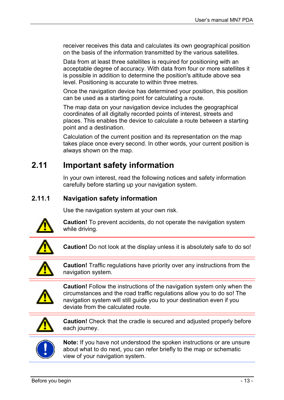 11 important safety information, 1 navigation safety information, Navigating with gps | Important safety information, Navigation safety information | Navigon MN7 User Manual | Page 13 / 54