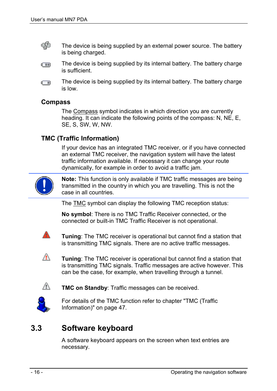 3 software keyboard, Compass, Tmc (traffic information) | Navigon MN7 User Manual | Page 16 / 54