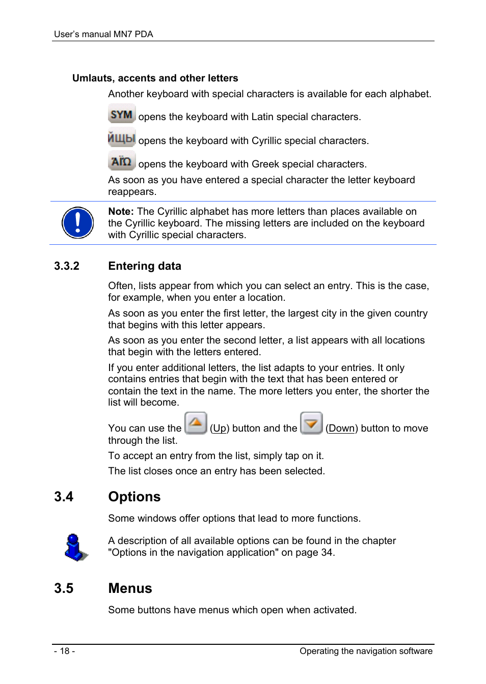 2 entering data, 4 options, 5 menus | Entering data | Navigon MN7 User Manual | Page 18 / 54