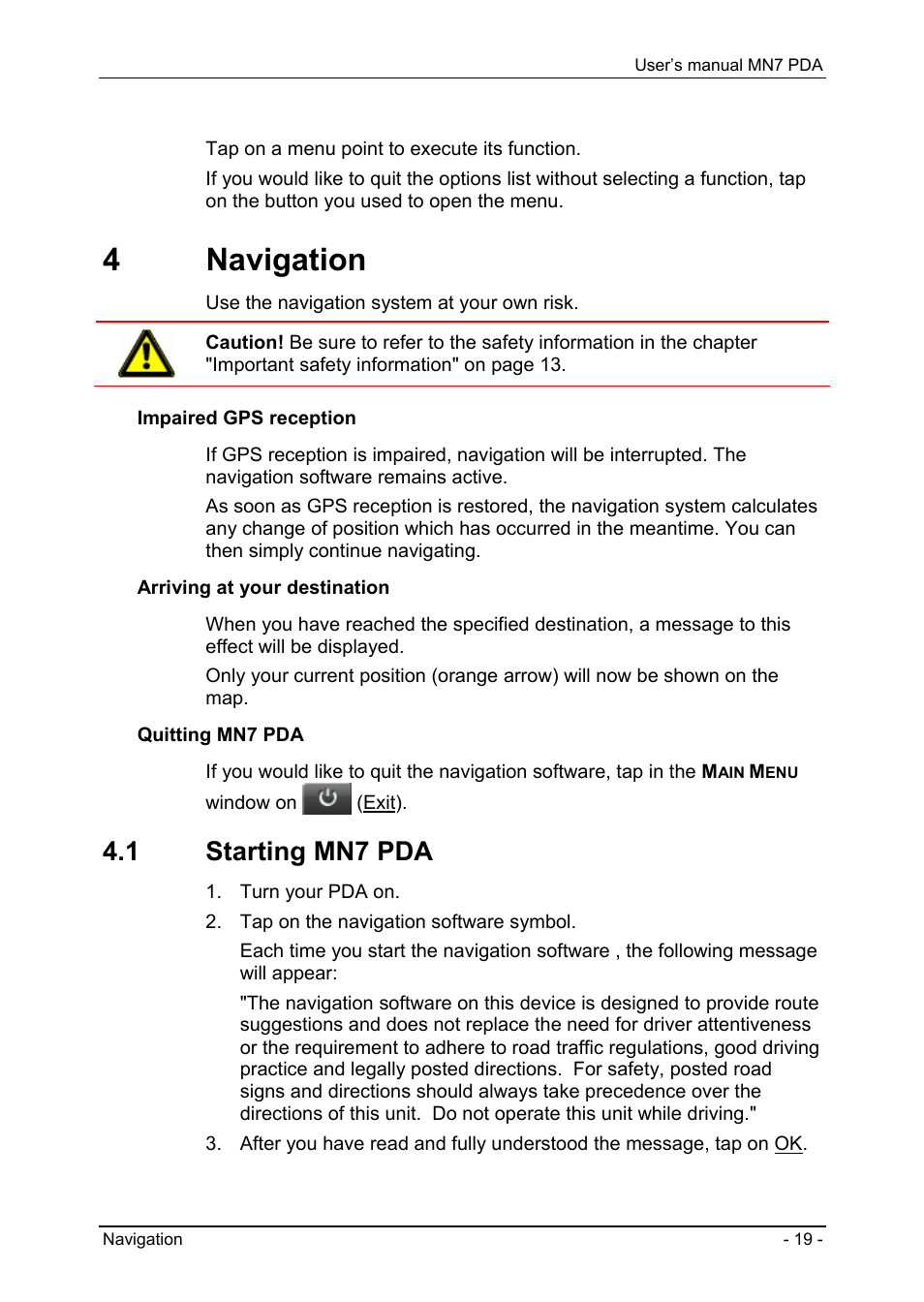 4 navigation, 1 starting mn7 pda, Options | Menus, Navigation | Navigon MN7 User Manual | Page 19 / 54