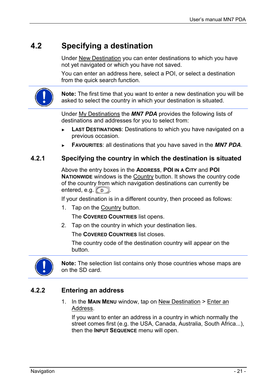 2 specifying a destination, 2 entering an address, Specifying a destination | Navigon MN7 User Manual | Page 21 / 54