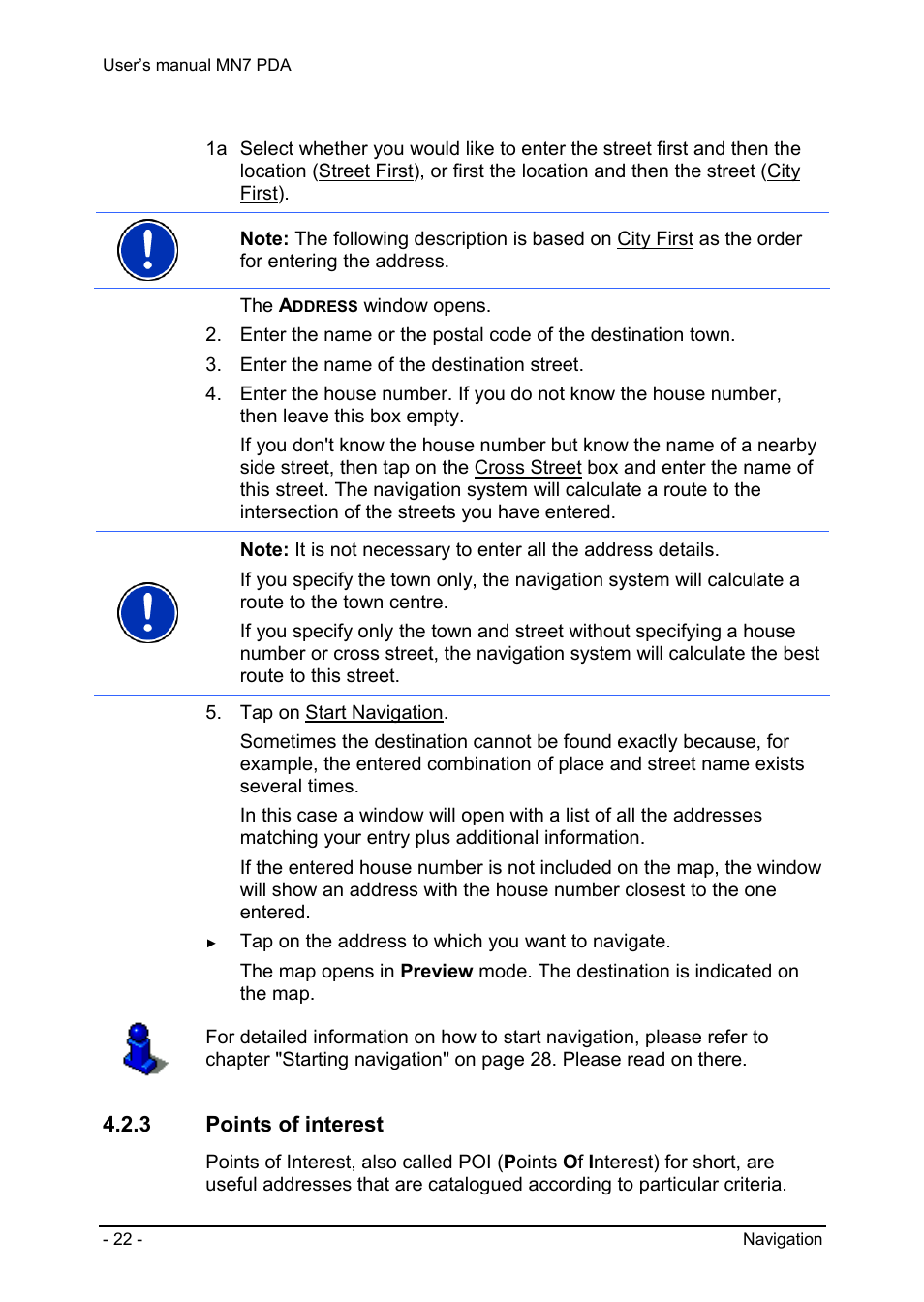 3 points of interest, Entering an address | Navigon MN7 User Manual | Page 22 / 54