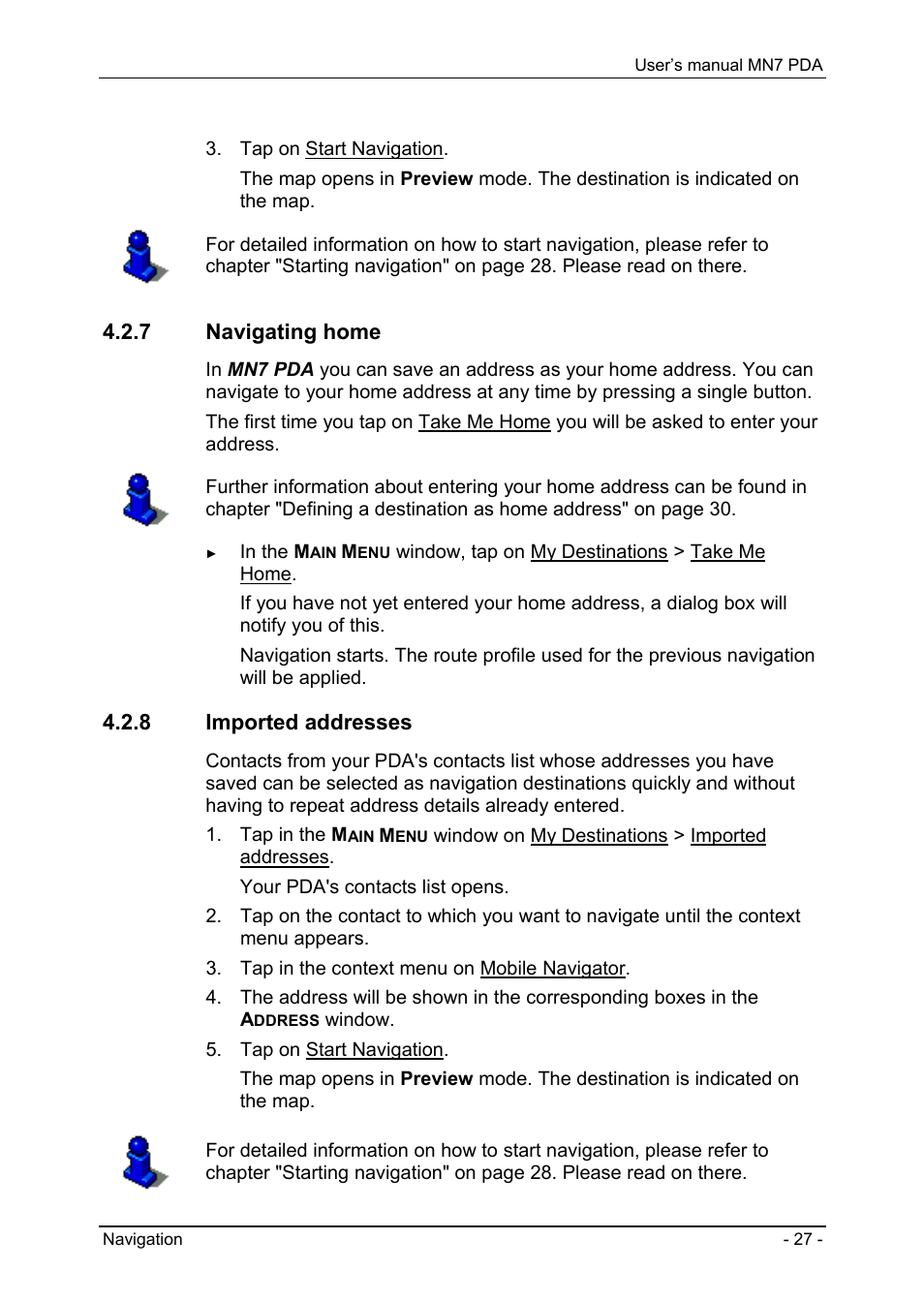 7 navigating home, 8 imported addresses, Last destinations | Favourites | Navigon MN7 User Manual | Page 27 / 54