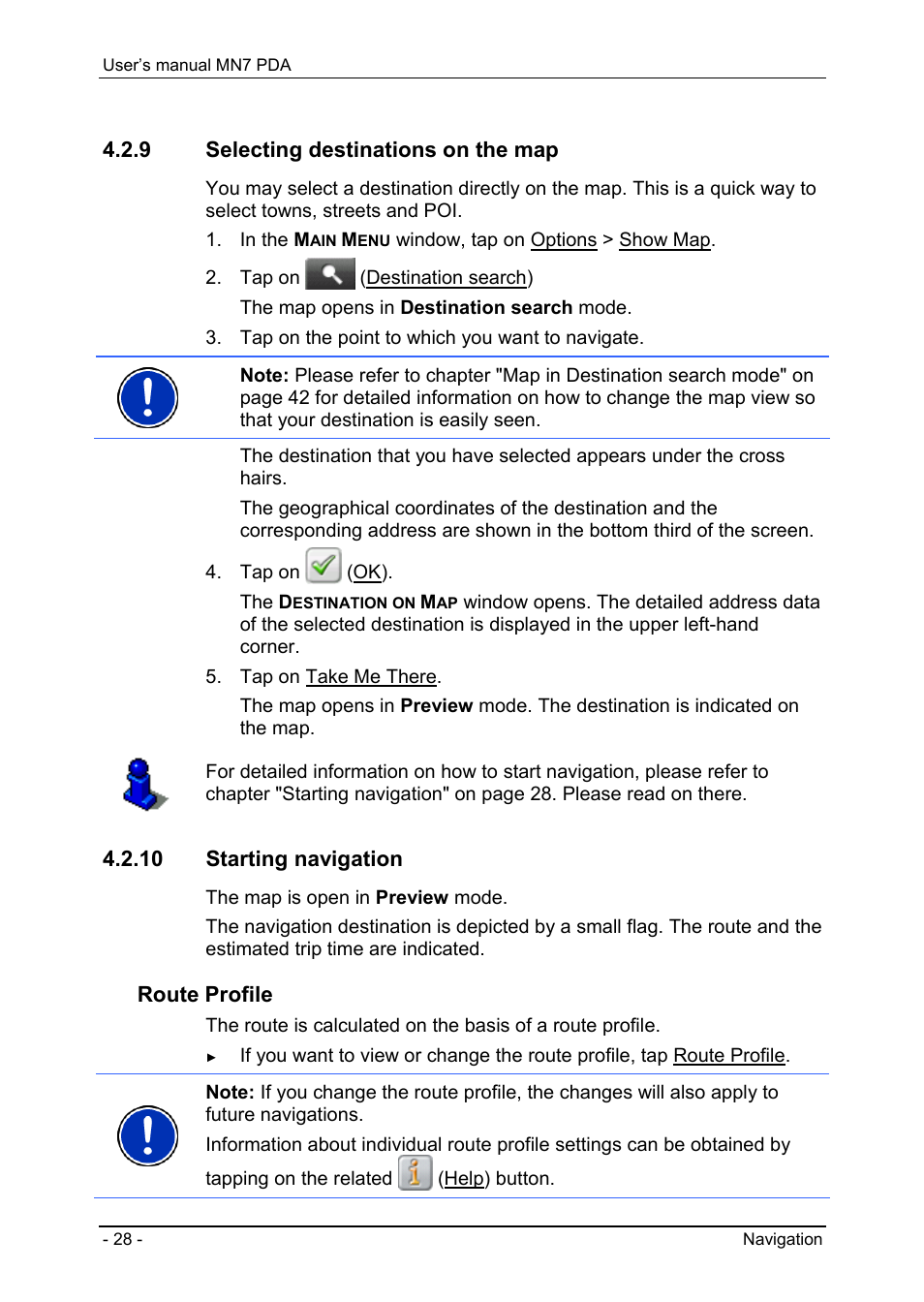 9 selecting destinations on the map, 10 starting navigation, Navigating home | Imported addresses, Chapter "starting navigation" on p, Please r, Route profile | Navigon MN7 User Manual | Page 28 / 54