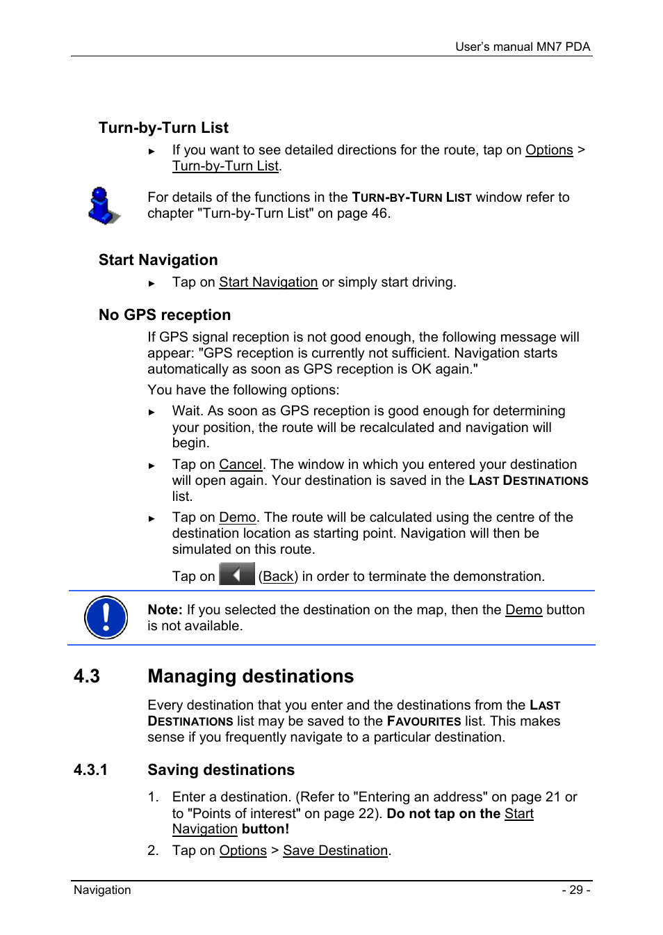 3 managing destinations, 1 saving destinations, Selecting destinations on the map | Starting navigation, Turn-by-turn list, Start navigation, No gps reception | Navigon MN7 User Manual | Page 29 / 54