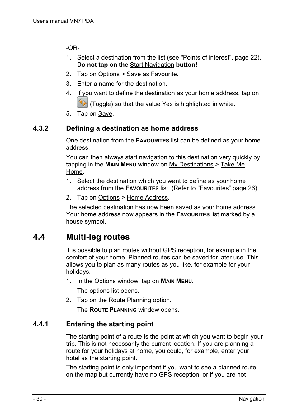 2 defining a destination as home address, 4 multi-leg routes, 1 entering the starting point | Navigon MN7 User Manual | Page 30 / 54