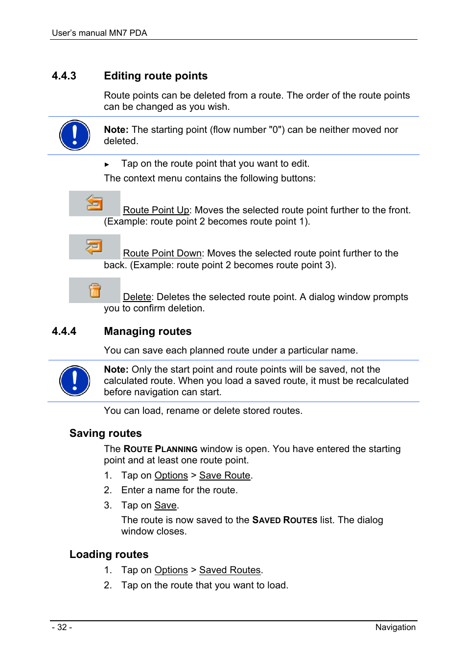 3 editing route points, 4 managing routes, Multi-leg routes | Entering the starting point, Saving routes, Loading routes | Navigon MN7 User Manual | Page 32 / 54