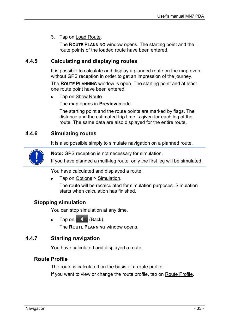 5 calculating and displaying routes, 6 simulating routes, 7 starting navigation | Entering route points, Editing route points, Stopping simulation, Route profile | Navigon MN7 User Manual | Page 33 / 54