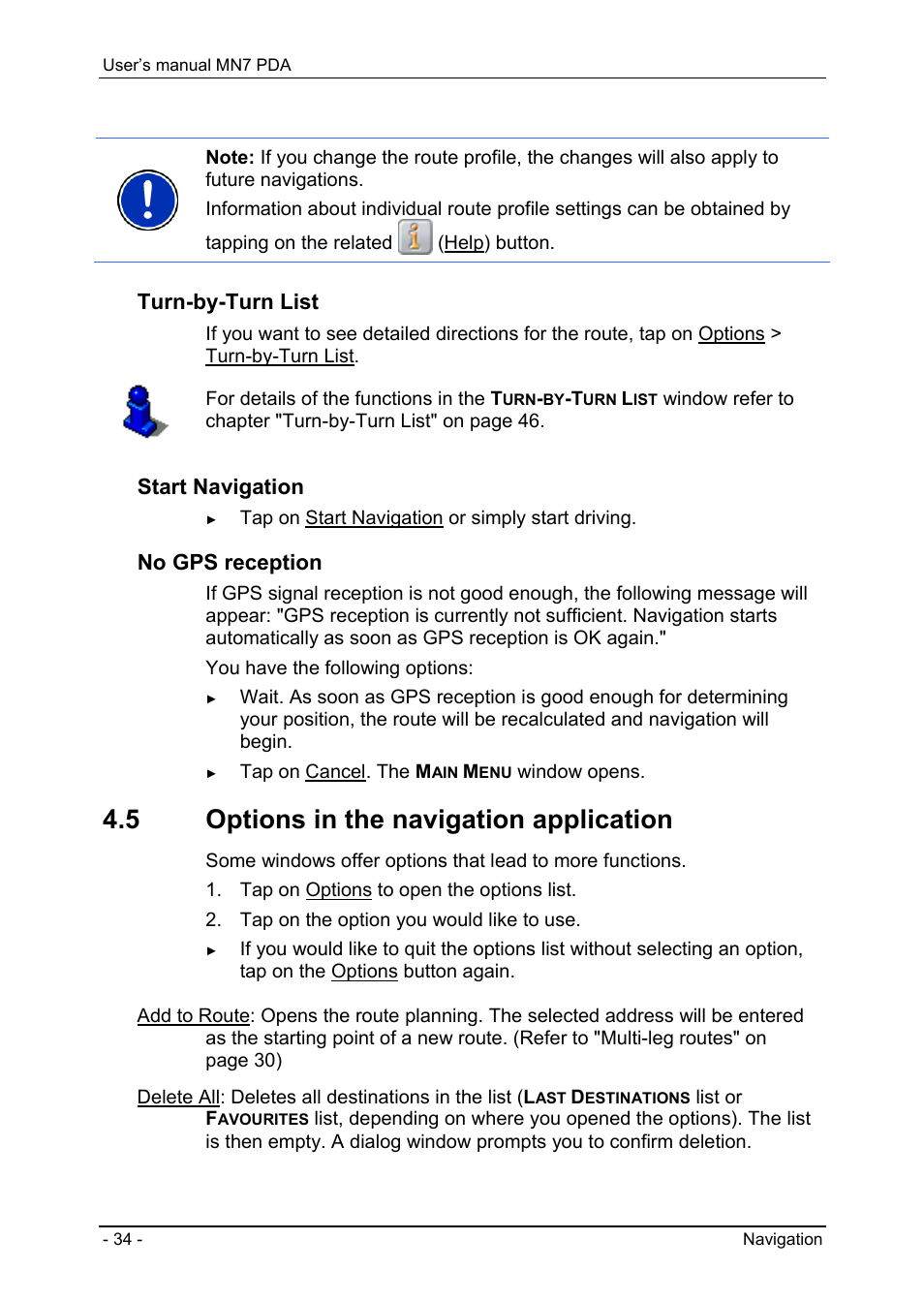 5 options in the navigation application, Managing routes, Calculating and displaying routes | Turn-by-turn list, Start navigation, No gps reception | Navigon MN7 User Manual | Page 34 / 54