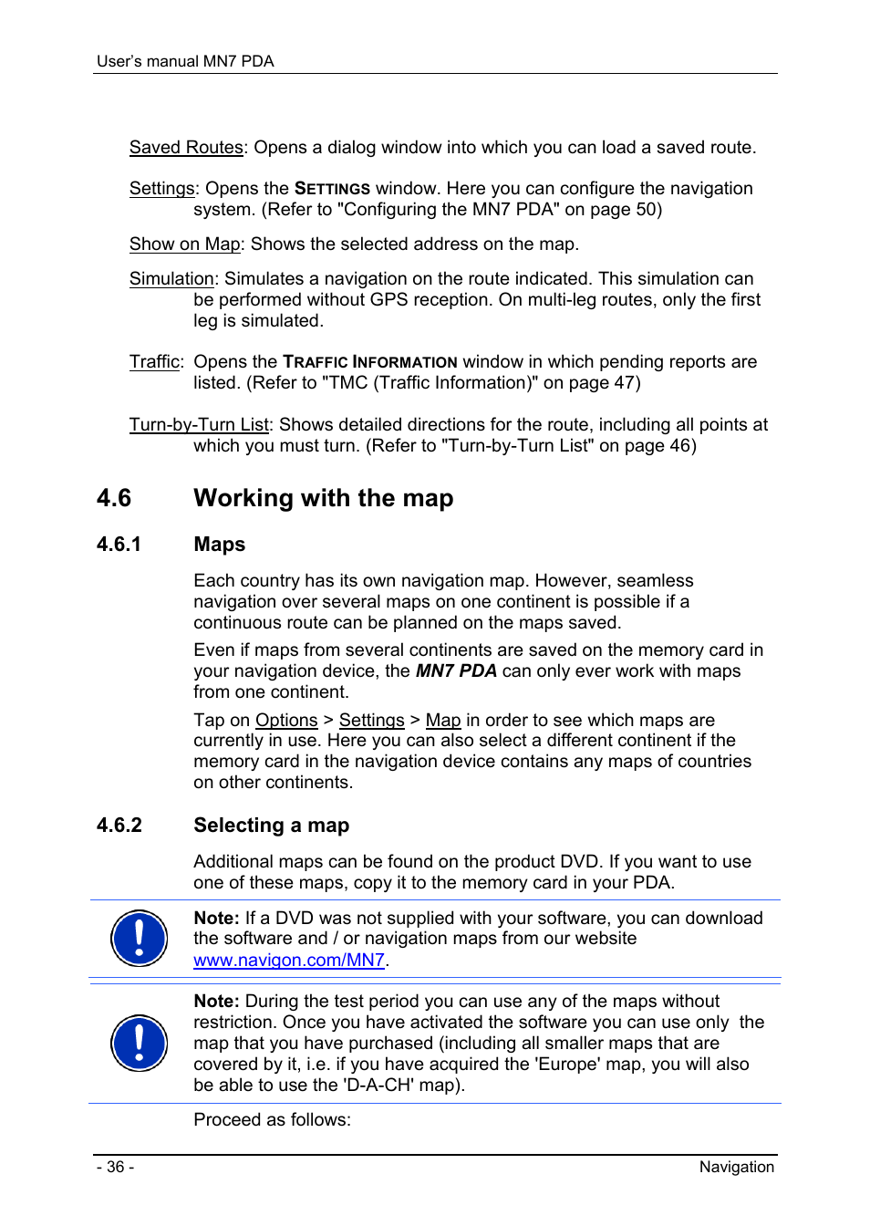 6 working with the map, 1 maps, 2 selecting a map | Options in the navigation application | Navigon MN7 User Manual | Page 36 / 54