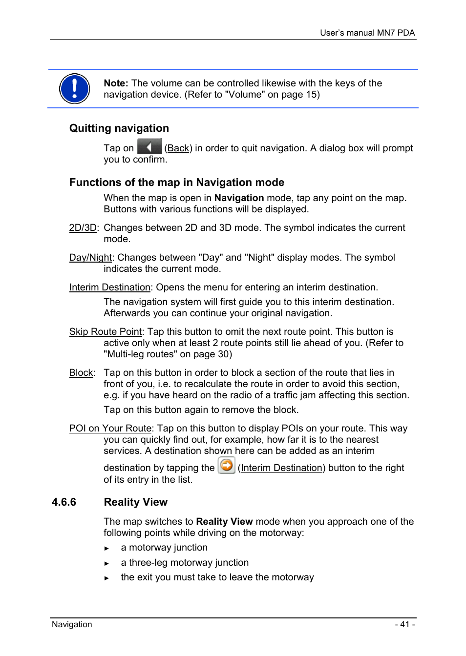 6 reality view, Map in navigation mode, Quitting navigation | Functions of the map in navigation mode | Navigon MN7 User Manual | Page 41 / 54