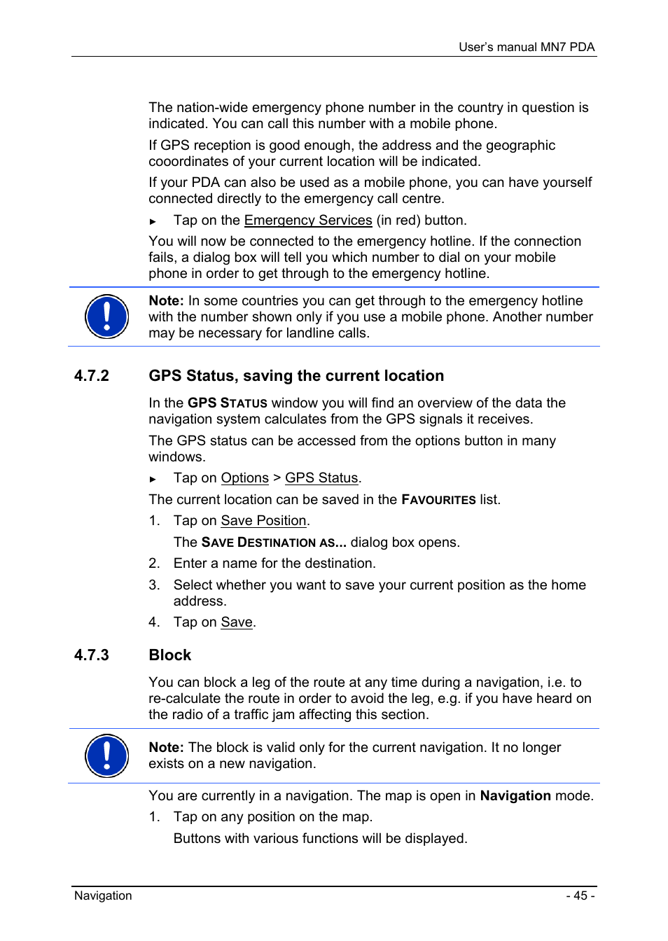 2 gps status, saving the current location, 3 block | Navigon MN7 User Manual | Page 45 / 54