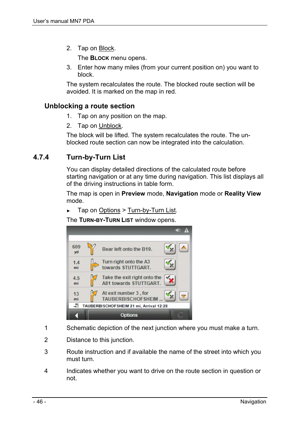 4 turn-by-turn list, Useful functions, Emergency services | Navigon MN7 User Manual | Page 46 / 54