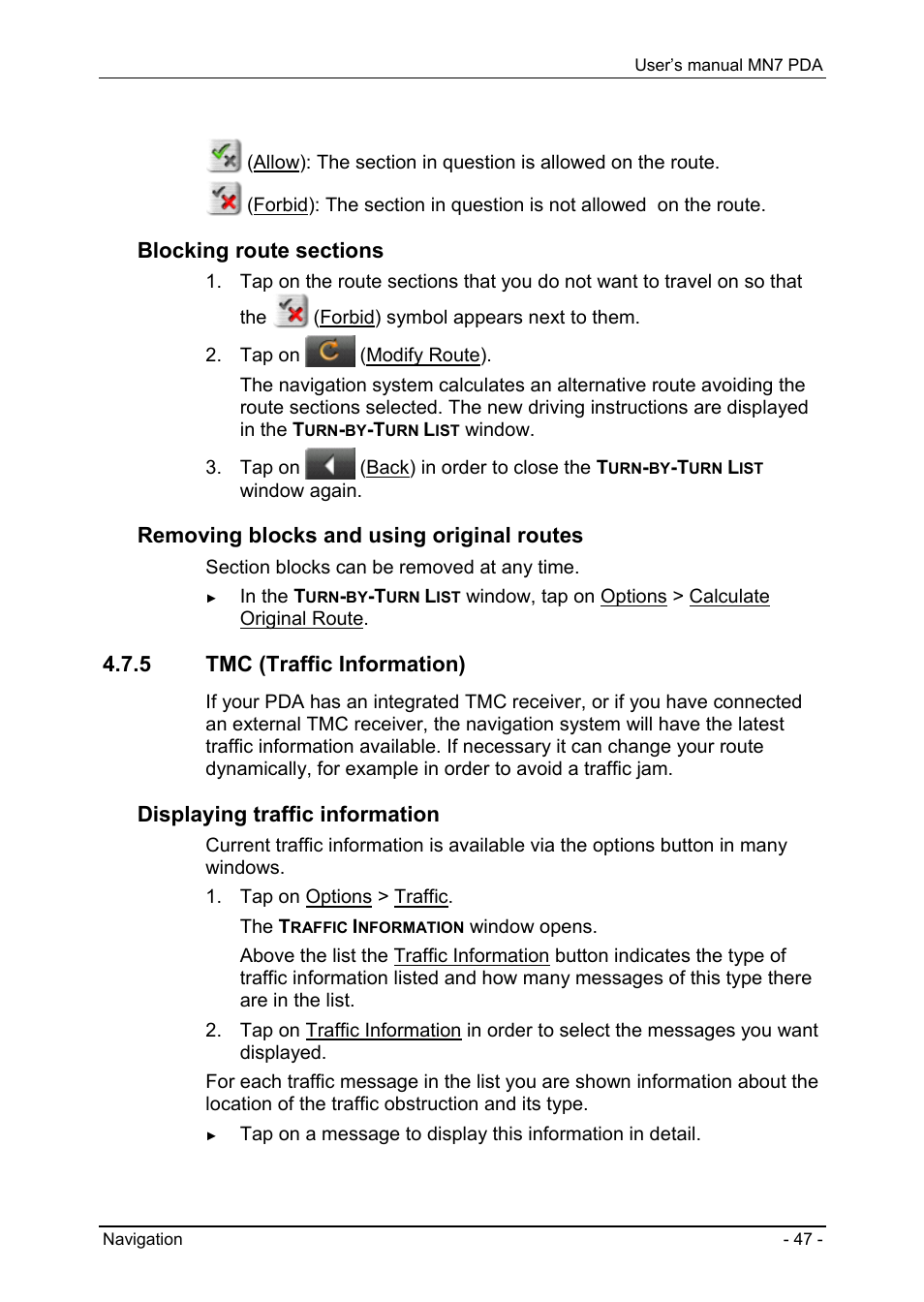 5 tmc (traffic information), Gps status, saving the current location, Block | Tmc (traffic information), Removing blocks and using original routes, Displaying traffic information | Navigon MN7 User Manual | Page 47 / 54
