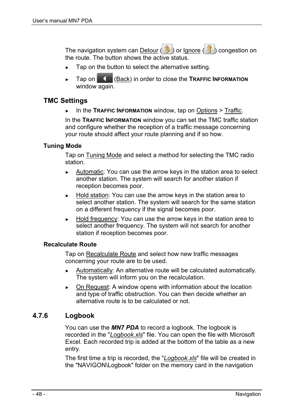 6 logbook, Turn-by-turn list, Tmc settings | Navigon MN7 User Manual | Page 48 / 54