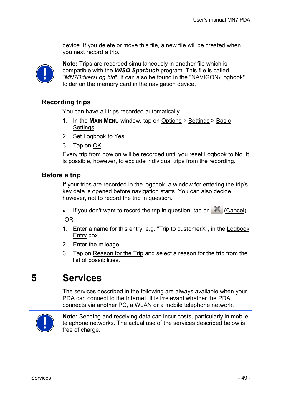 5 services, Recording trips, Before a trip | Navigon MN7 User Manual | Page 49 / 54