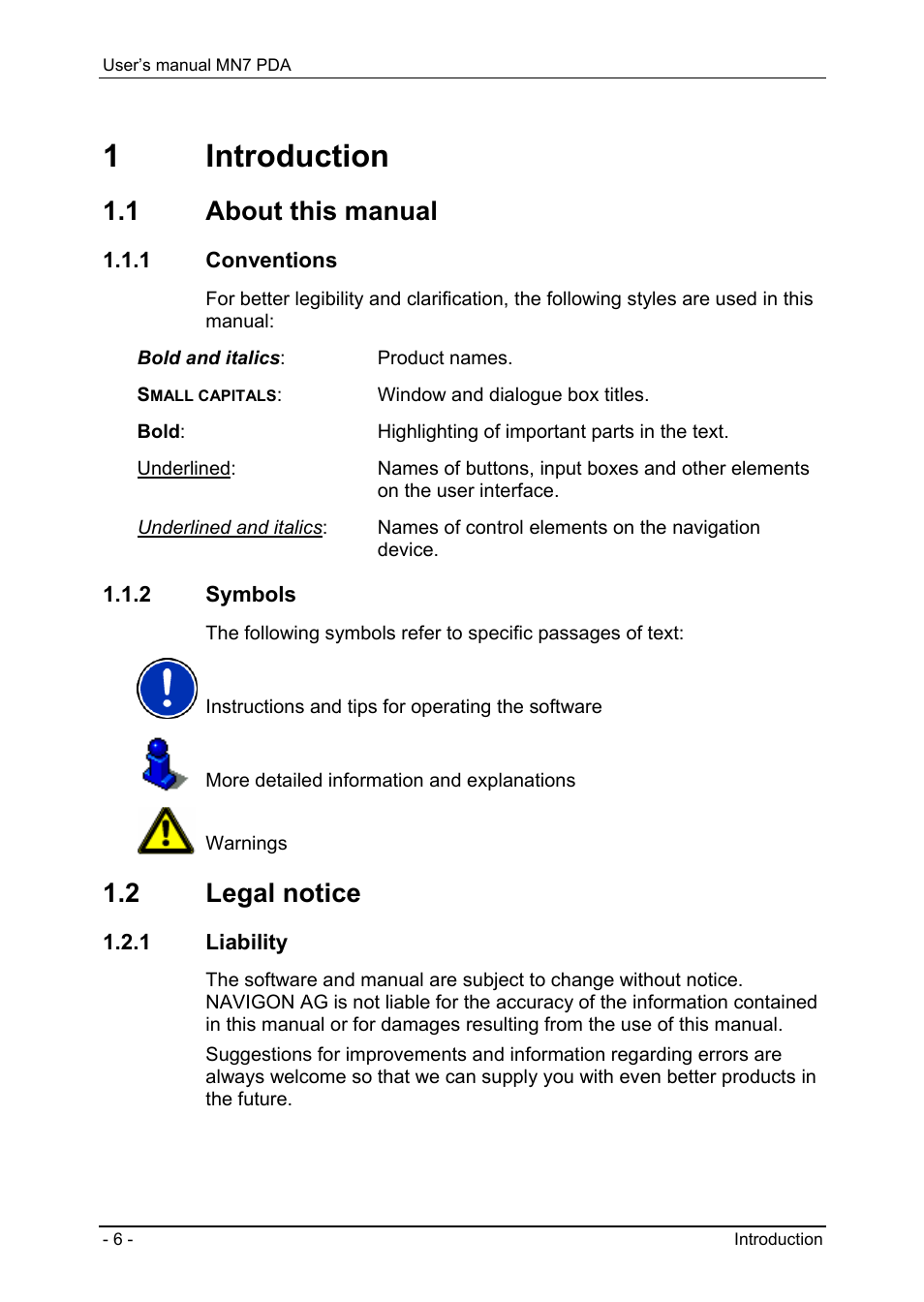 1 introduction, 1 about this manual, 1 conventions | 2 symbols, 2 legal notice, 1 liability, Introduction, About this manual, Conventions, Symbols | Navigon MN7 User Manual | Page 6 / 54