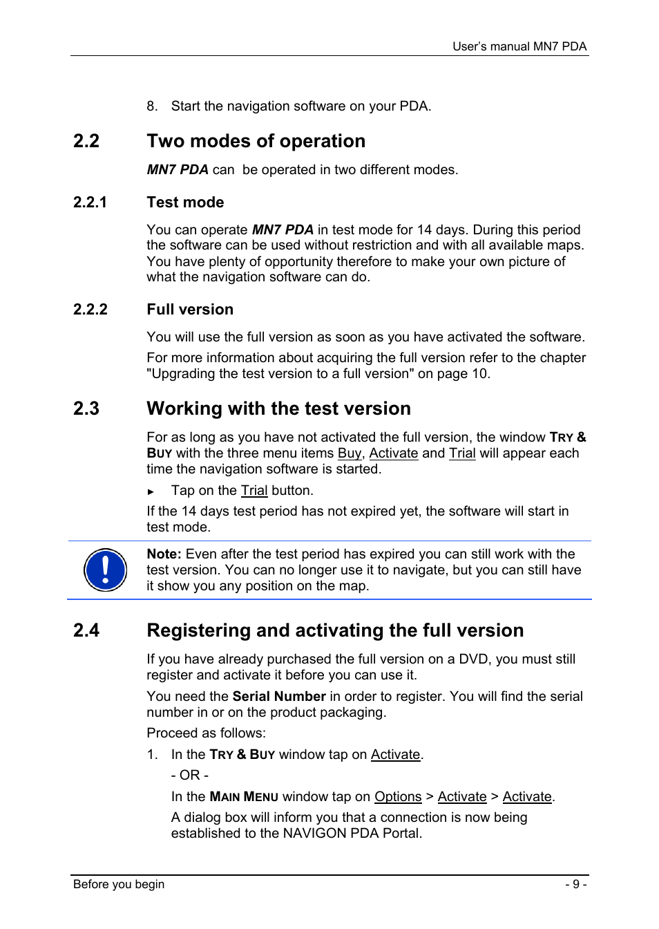 2 two modes of operation, 1 test mode, 2 full version | 3 working with the test version, 4 registering and activating the full version, Two modes of operation, Test mode, Full version, Working with the test version, Registering and activating the full version | Navigon MN7 User Manual | Page 9 / 54