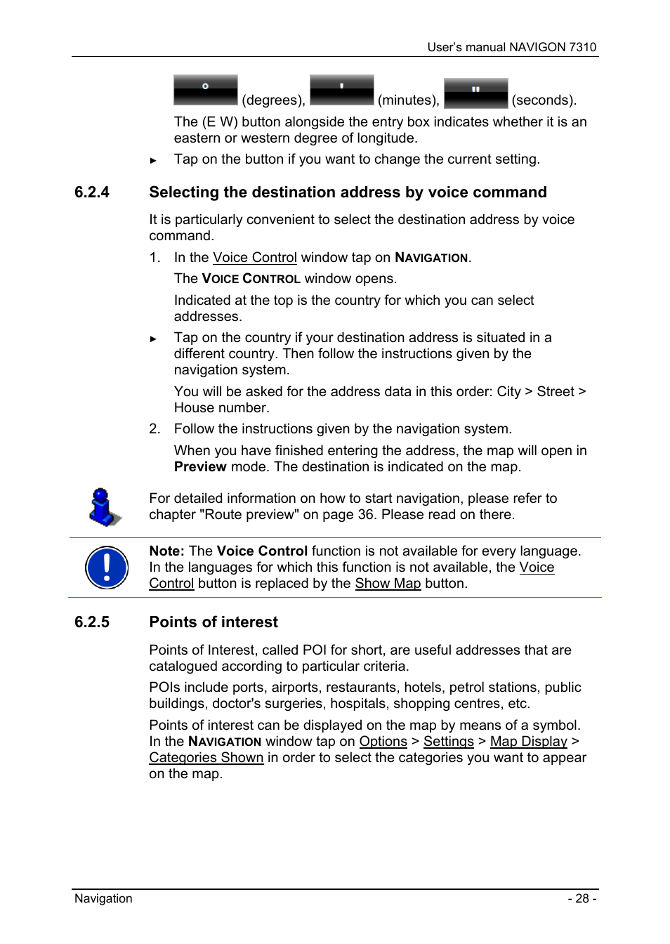 5 points of interest, Selecting the destination address by voice command, Points of interest | Caution! never unplug by pulling the cable. doing | Navigon 7310 User Manual | Page 28 / 79