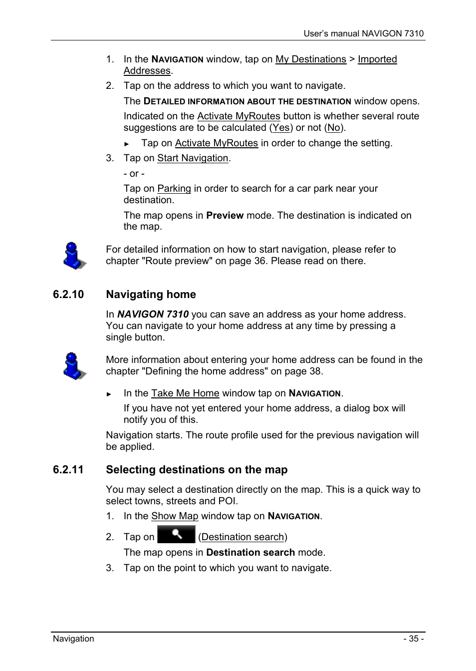 10 navigating home, 11 selecting destinations on the map, Navigating home | Selecting destinations on the map, Switching the navigation de | Navigon 7310 User Manual | Page 35 / 79