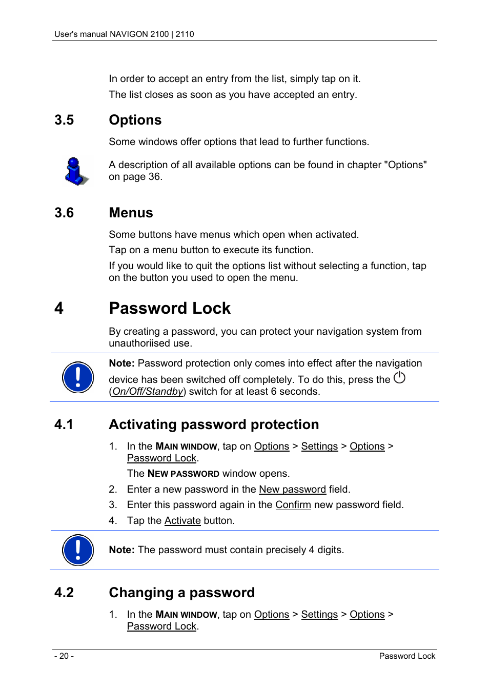 5 options, 6 menus, 4 password lock | 1 activating password protection, 2 changing a password, Lists, Options | Navigon PNA 2110 User Manual | Page 20 / 54