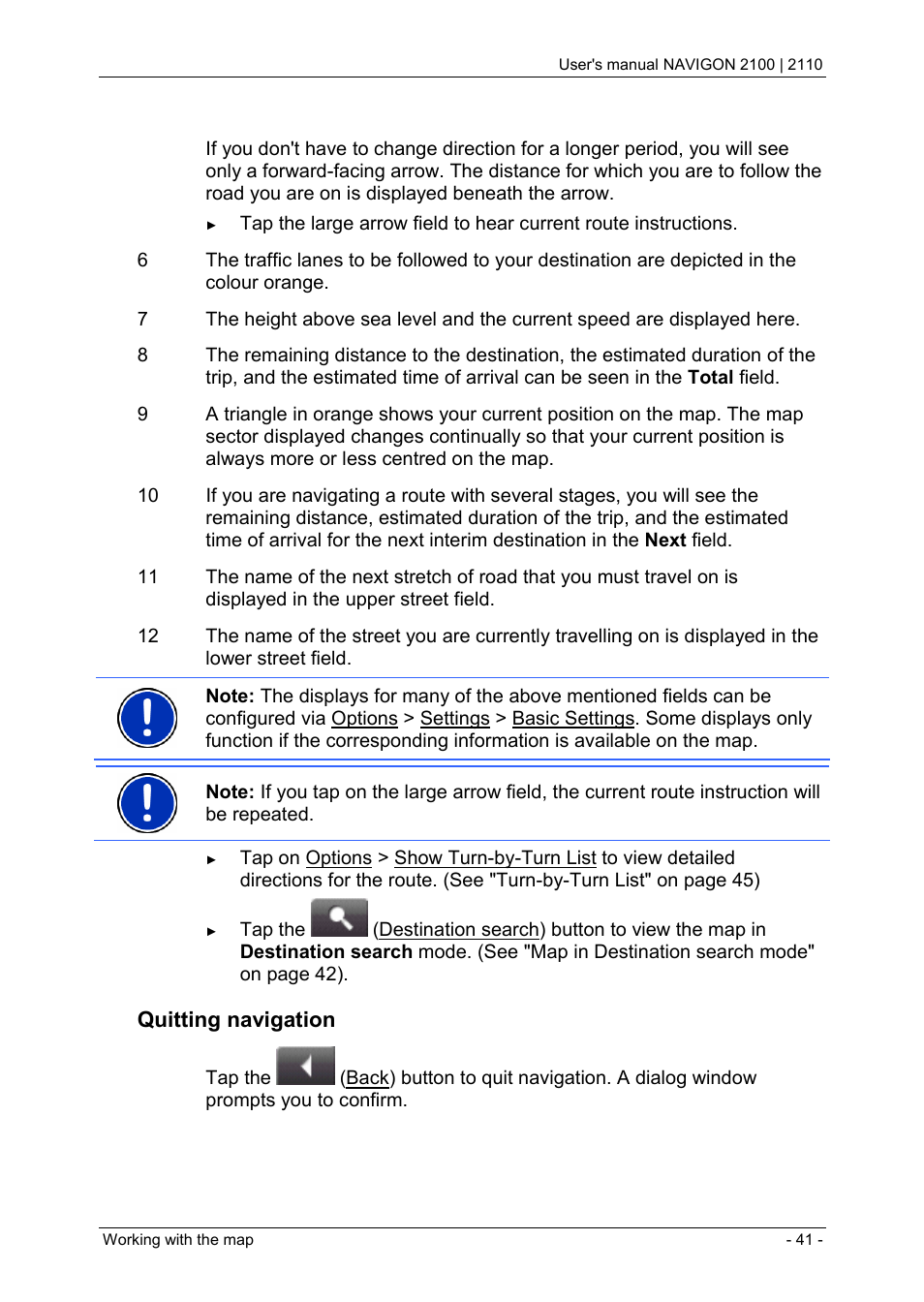 Working with the map, Maps, Map in preview mode | Quitting navigation | Navigon PNA 2110 User Manual | Page 41 / 54