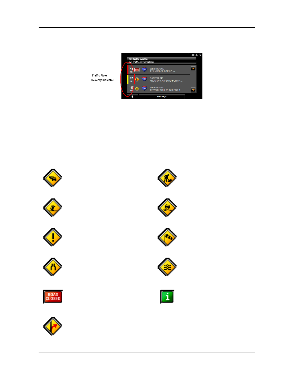 Traffic flow severity indicators, Event or incident icons | Navigon PNA 2100 max User Manual | Page 120 / 144