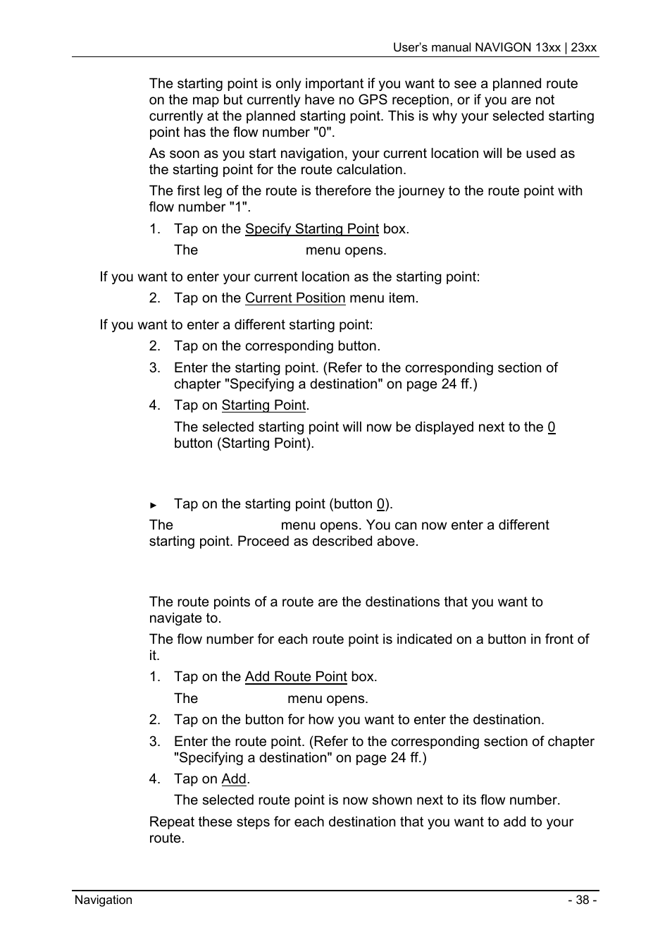 2 entering route points, Entering route points, Changing the starting point | Navigon 13xx User Manual | Page 38 / 67