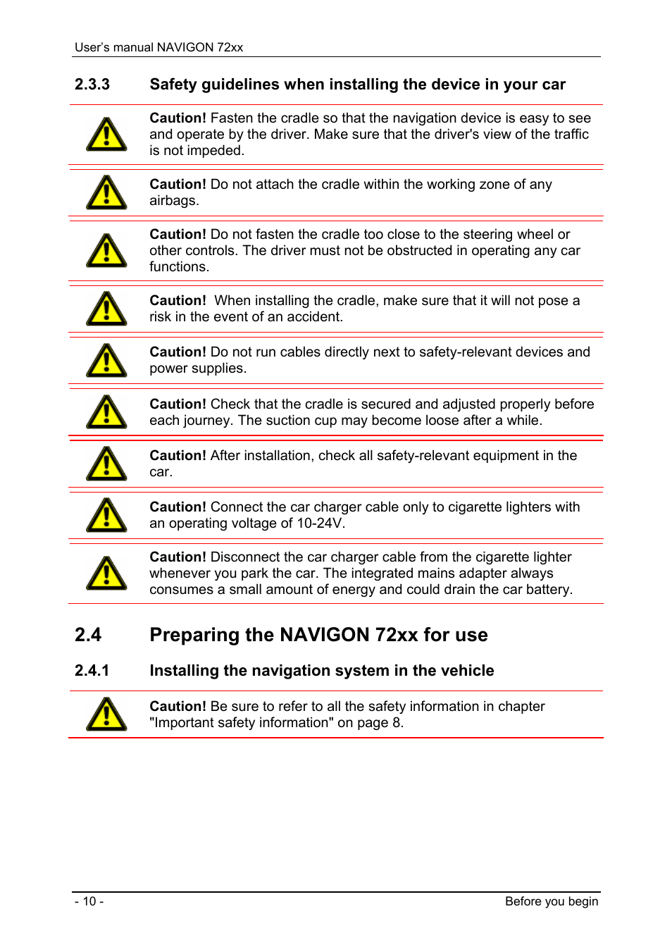 4 preparing the navigon 72xx for use, 1 installing the navigation system in the vehicle | Navigon 72xx User Manual | Page 10 / 67