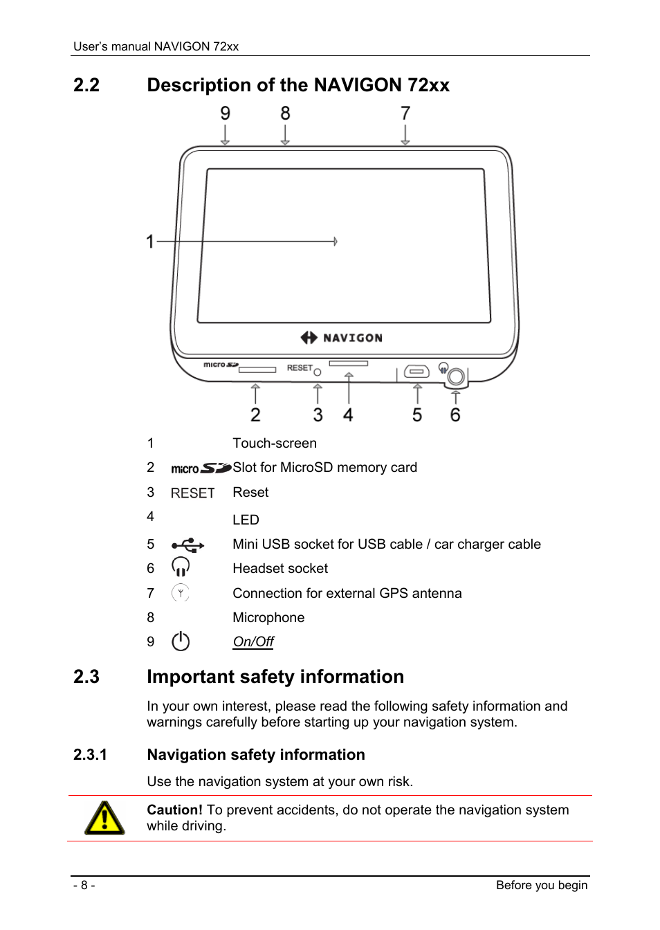 2 description of the navigon 72xx, 3 important safety information, 1 navigation safety information | Description of the navigon 72xx | Navigon 72xx User Manual | Page 8 / 67