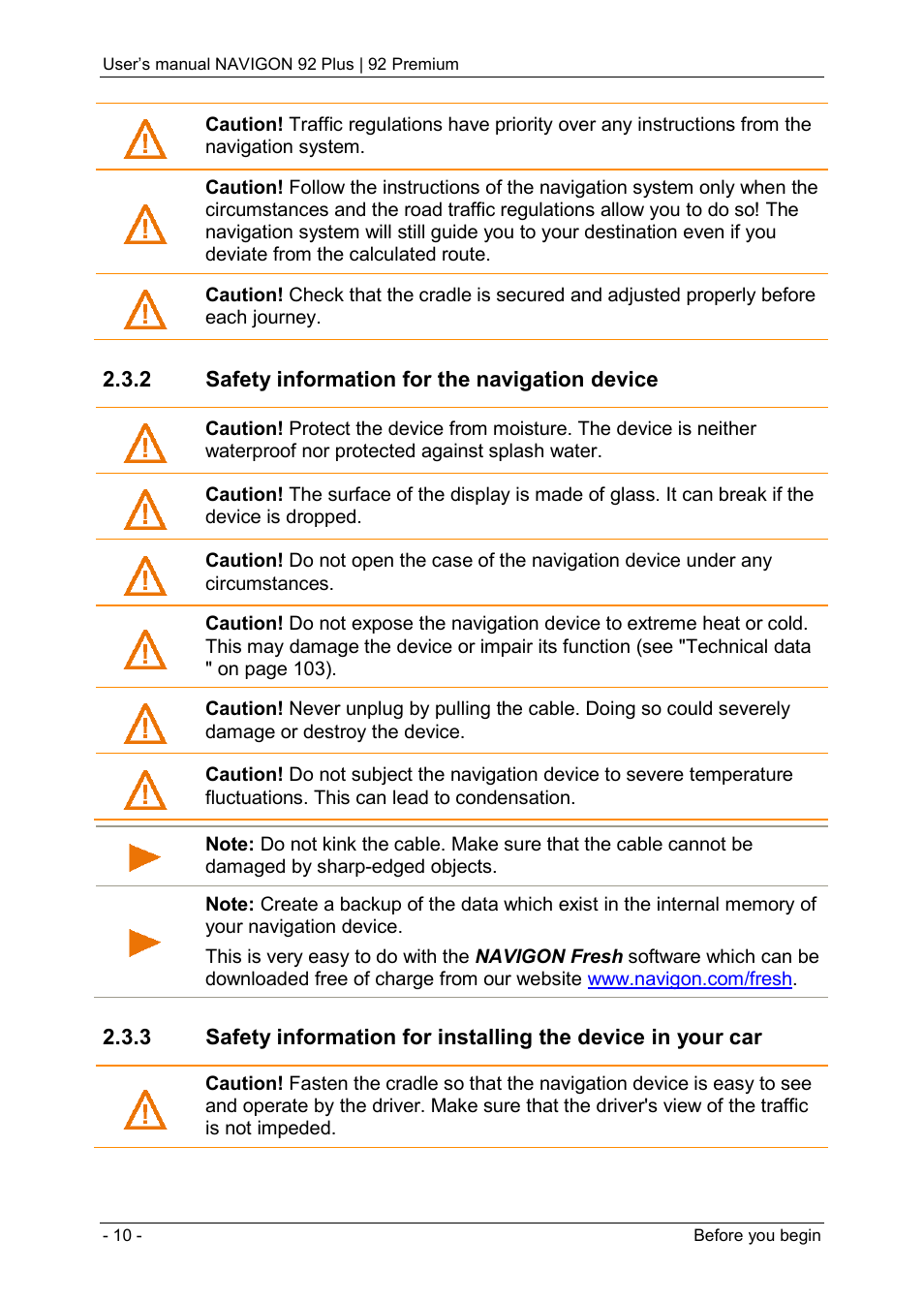 2 safety information for the navigation device | Navigon 92 PREMIUM User Manual | Page 10 / 113