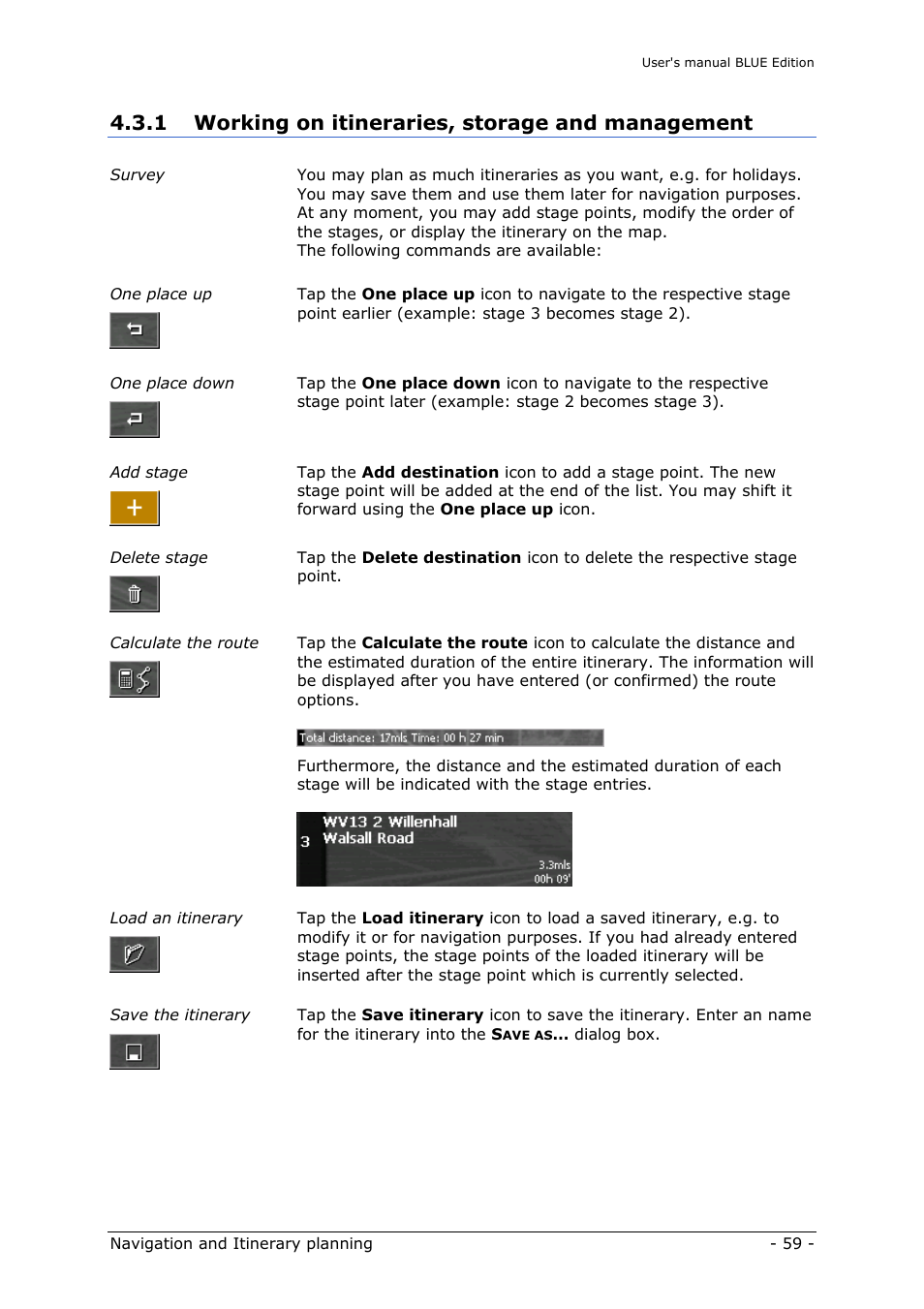 Working on itineraries, storage and management, 1 working on itineraries, storage and management | Navigon MN4 User Manual | Page 61 / 76