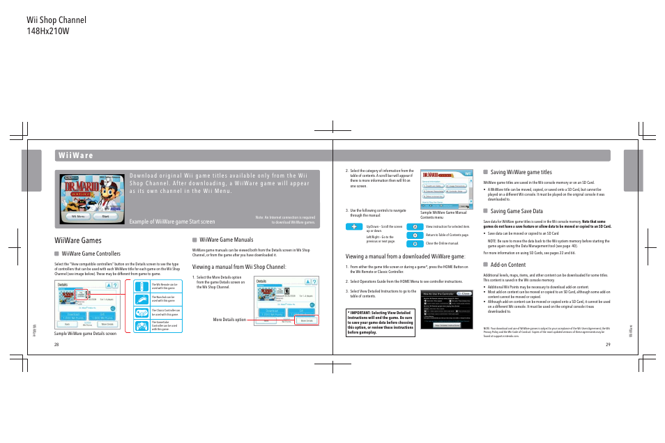 W i i wa re, Wiiware games, Viewing a manual from a downloaded wiiware game | Saving wiiware game titles, Saving game save data, Add-on content, Wiiware game manuals, Viewing a manual from wii shop channel, Wiiware game controllers | Nintendo Wii User Manual | Page 16 / 40