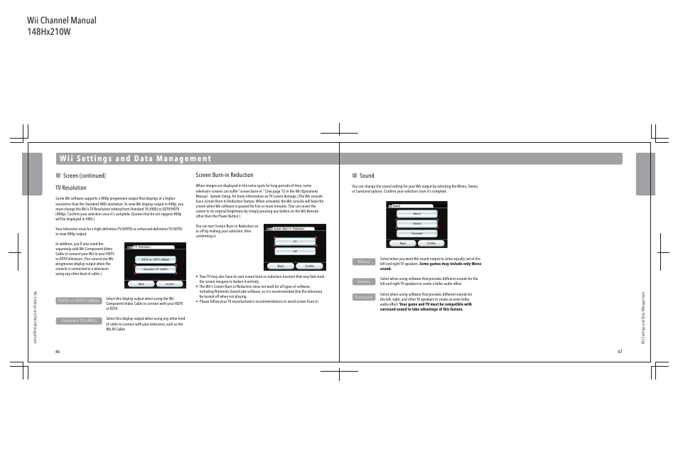 Screen (continued) tv resolution, Screen burn-in reduction, Sound | Nintendo Wii User Manual | Page 25 / 40