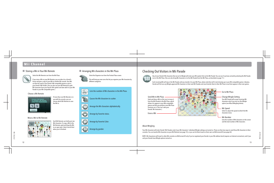 Checking out visitors in mii parade, Storing a mii in your wii remote, Arranging mii characters in the mii plaza | Nintendo Wii User Manual | Page 8 / 40