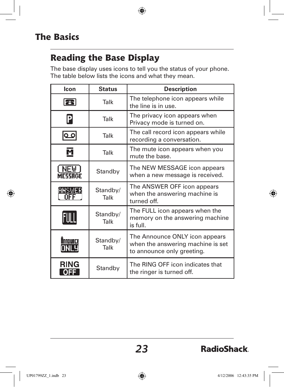 The basics reading the base display | Radio Shack 43-5862 User Manual | Page 23 / 96