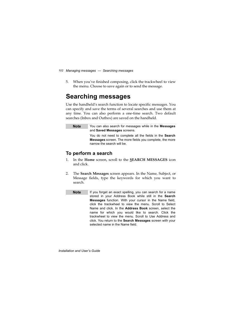 Searching messages, To perform a search | Radio Shack RIM 850 User Manual | Page 102 / 204