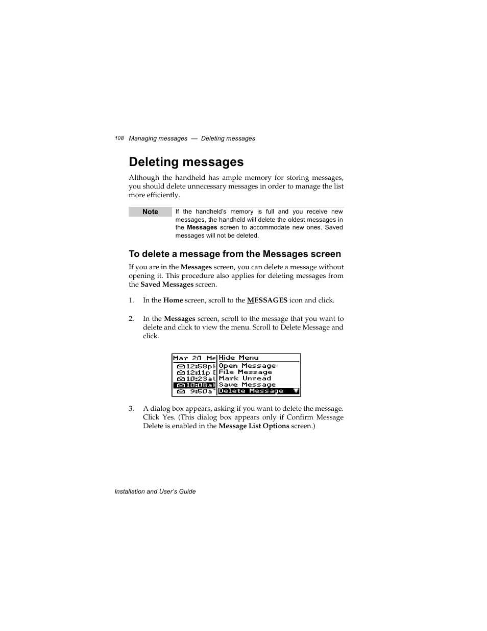 Deleting messages, To delete a message from the messages screen | Radio Shack RIM 850 User Manual | Page 108 / 204
