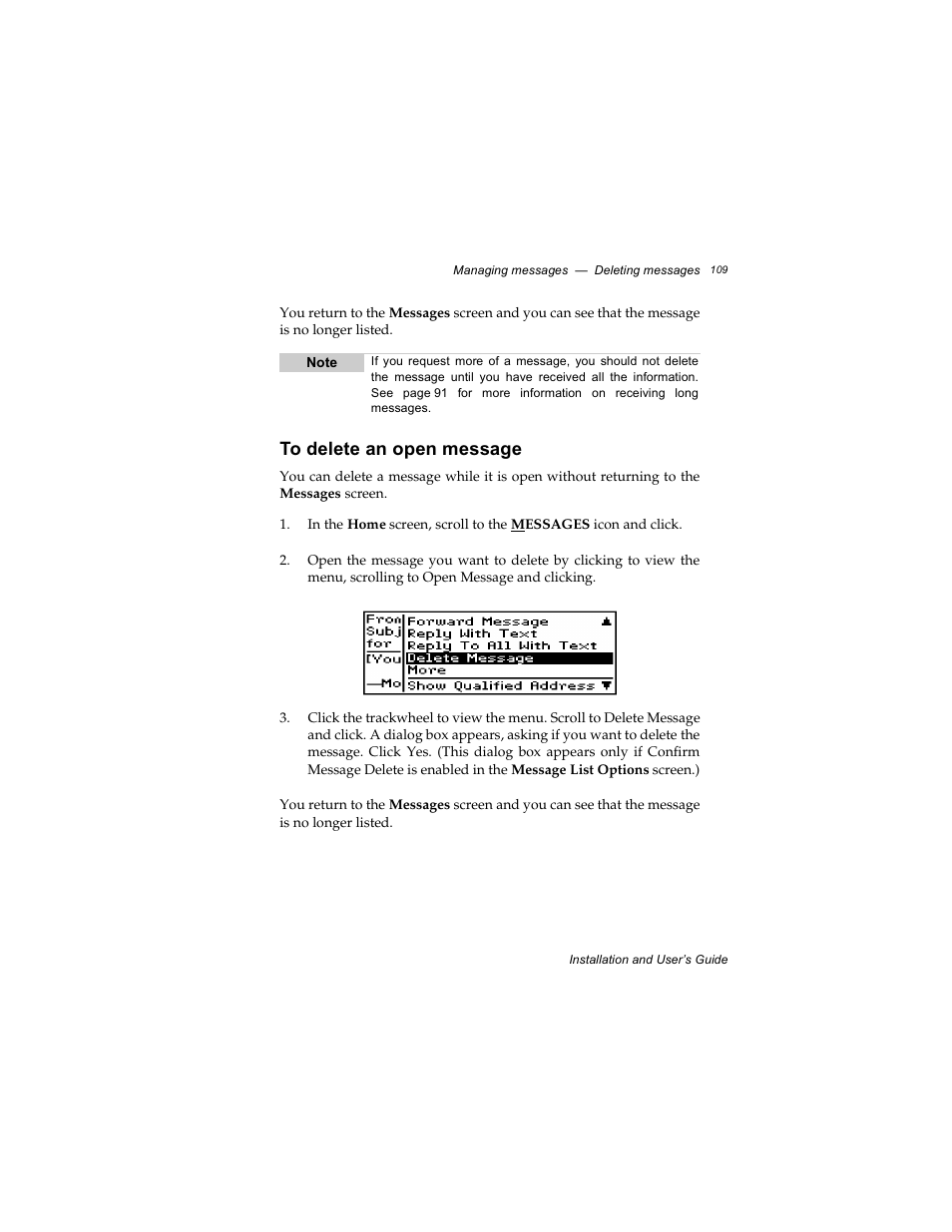 To delete an open message | Radio Shack RIM 850 User Manual | Page 109 / 204