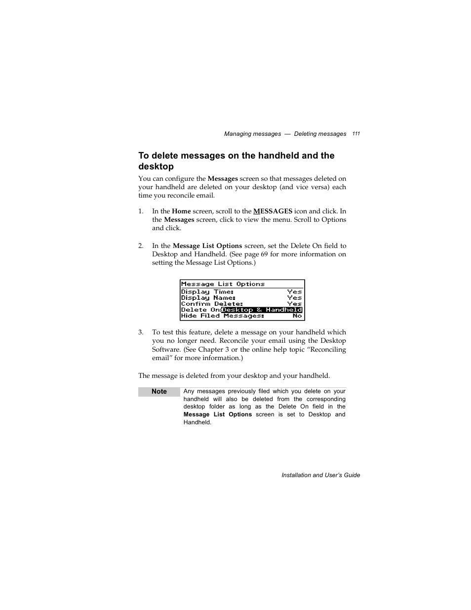 To delete messages on the handheld and the desktop | Radio Shack RIM 850 User Manual | Page 111 / 204