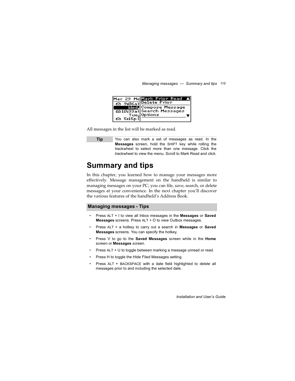 Summary and tips, Managing messages - tips | Radio Shack RIM 850 User Manual | Page 115 / 204